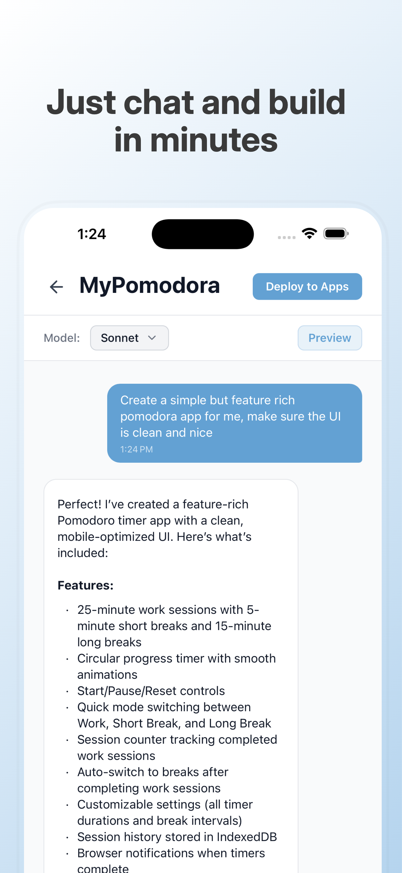 Just chat and build in minutes